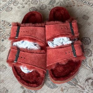 38 new no tags- Birkenstock Shearling Double Strap Slide - New detailed photos